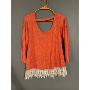 Takara Open Back Coral Top Blouse Crochet Lace Trim Hem Size Medium